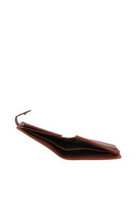 Portefeuille en cuir marron ouvert, montrant un compartiment principal vide et une poche pour pièces avec fermeture éclair sur fond blanc.