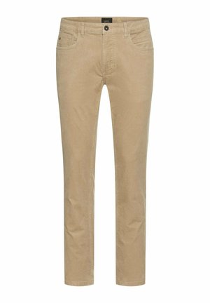 Pantalons en coton beige avec une coupe droite, dotés de poches avant, d'une fermeture à bouton et d'une texture subtile.