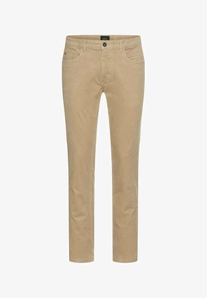 Beige katoenen broek met een rechte pijp, voorzien van zijzakken, een knoopsluiting en een subtiele textuur.