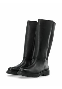 Botas negras hasta la rodilla de cuero suave, con cremallera lateral, panel elástico texturizado y suela resistente con patrones de tracción.