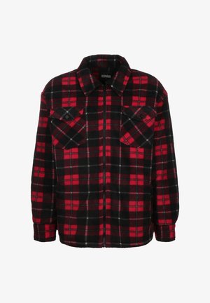 Red and black flannel shirt jacket with a plaid pattern, a collared neckline, two chest pockets, and front zipper closure. Soft texture.