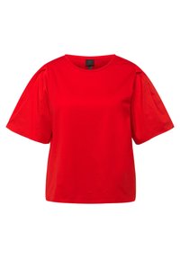 T-shirt rossa a maniche corte con scollatura tonda e maniche a sbuffo. Realizzata in tessuto di cotone liscio, presenta un colore uniforme senza motivi.