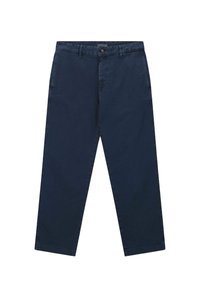 Marineblauwe katoenen broeken met een rechte pijpdesign, featuring voorzakken, een knoopsluiting en subtiele textuur.