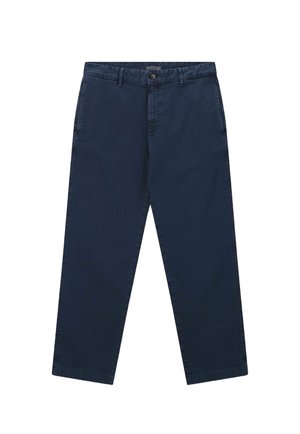 Marineblauwe katoenen broeken met een rechte pijpdesign, featuring voorzakken, een knoopsluiting en subtiele textuur.