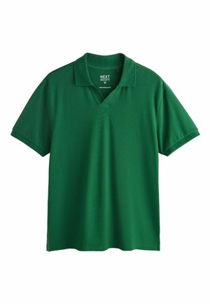 Grünes Polohemd mit kurzen Ärmeln, einem Kragen und einem V-Ausschnitt, als Regular Fit gekennzeichnet, Größe Medium.