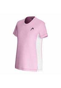 Maglietta sportiva rosa a maniche corte con colletto rotondo, caratterizzata da un pannello laterale in rete bianca e un piccolo logo nero sul petto.