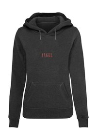 Mörkgrå hoodie i mjukt tyg. Har en kenguruficka, dragkedja på huven och ordet "ANGEL" i röda bokstäver på bröstet.