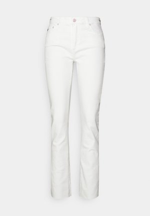 Hvide denim jeans med lige ben-design, der har en lyserød knap, fem lommer og subtile syninger. Glat tekstur.