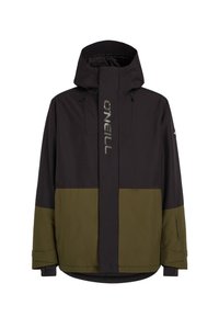 Veste noire et vert olive avec capuche, devant zippé et poignets ajustables. Logo de la marque affiché en argent.