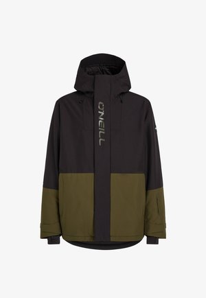 Giacca nera e verde oliva con cappuccio, chiusura frontale con zip e polsini regolabili. Logo del marchio in evidenza in argento.