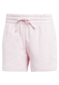 Rosa fleece-shorts med resår i midjan och justerbar dragsko. Har vit "adidas"-logotyp på sidan. Mjuk textur.