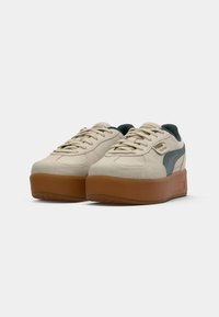 Beige suede platform sneakers with dark green accents, featuring round laces and a textured brown rubber sole.