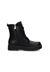 Stivaletti neri alla caviglia in pelle texture, con cerniere laterali e dettagli a ruches sul davanti. Suola in gomma spessa per una migliore aderenza.