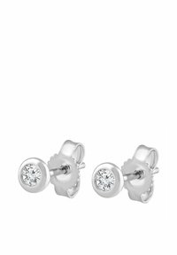 Strieborné náušnice s okrúhlymi, čistými drahokamami zasadenými v hladkom obrube. Jednoduchý, lesklý povrch s klasickým vzhľadom.