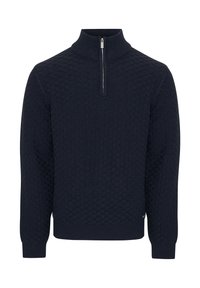 Dunkelblauer Pullover mit strukturiertem Strickmuster, hohem Kragen und einem kurzen Reißverschluss am Hals. Gerippte Bündchen und Saum.