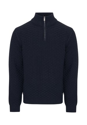 Dunkelblauer Pullover mit strukturiertem Strickmuster, hohem Kragen und einem kurzen Reißverschluss am Hals. Gerippte Bündchen und Saum.