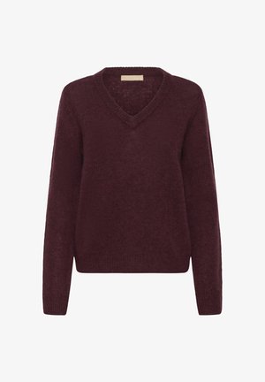 Burgundy knit sweater with a V-neck, long sleeves, and a relaxed fit. Made from soft material with a textured finish.
