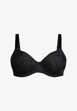 Mustavärinen rintaliivi, jossa on kukkakirjontaa, tukevat vanteet, säädettävät olkaimet ja sileäpintainen kangas mukavuutta varten.