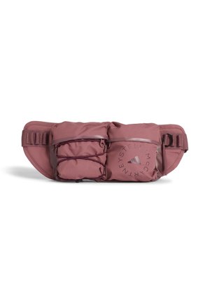 Kompakt støvet rosa bæltetaske med flere lynlåslommer, justerbar rem og rundt logo med tekst på frontlommen.