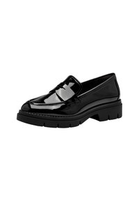 Svart lackläderloafer med en chunky svart sula, med en upphöjd vampdesign och sömmar som detaljer. Slät, glänsande yta.