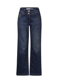 Leveled jeans dalam denim biru tua. Memiliki dua kancing di depan, desain lima saku, dan area yang sedikit pudar di kaki. Kain tekstur.
