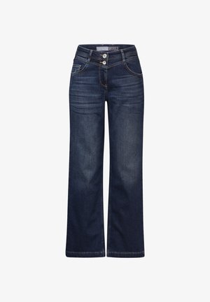 Jean évasé en denim bleu foncé. Présente deux boutons sur le devant, un design à cinq poches et des zones légèrement effacées sur les jambes. Tissu texturé.