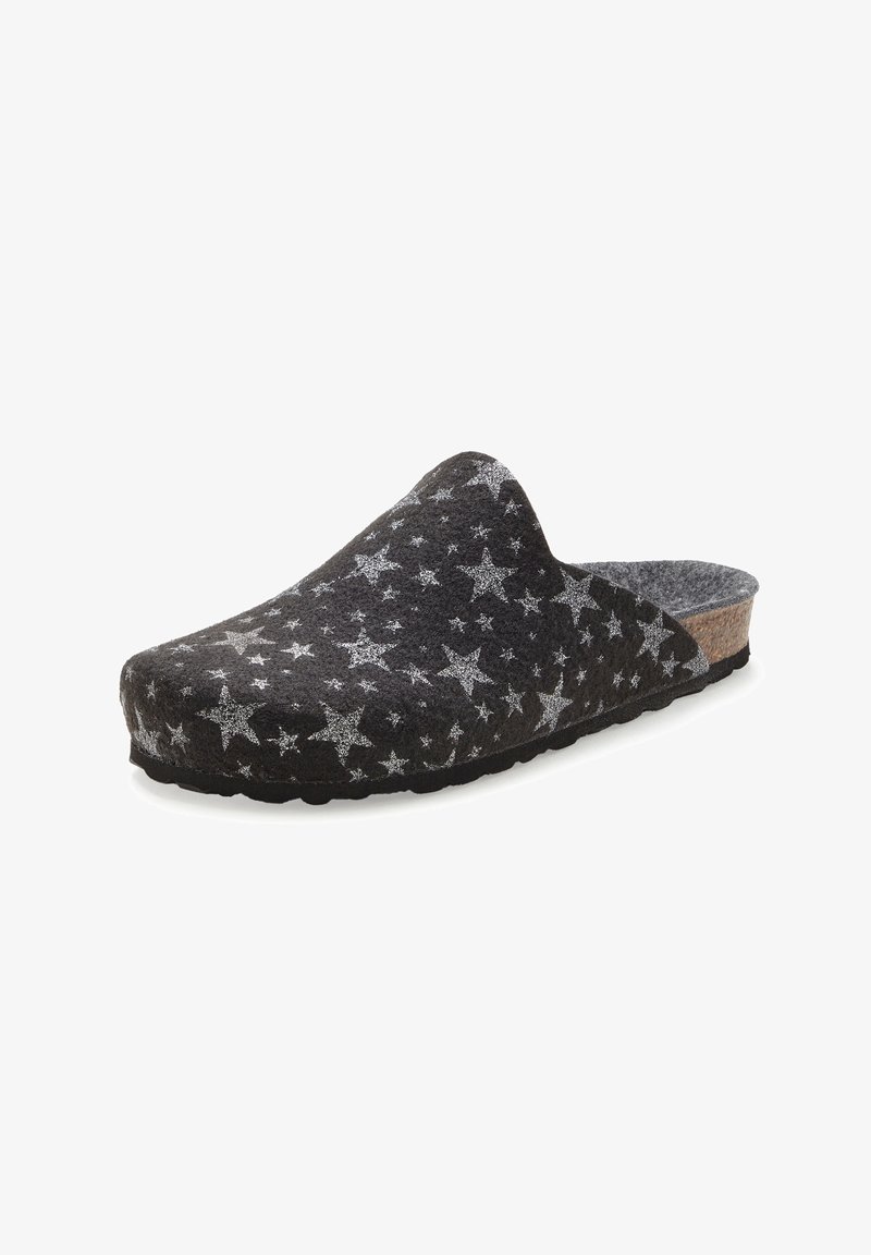 Black slipper made of felt with a textured surface, featuring silver star patterns. Cork footbed and rubber outsole for comfort.