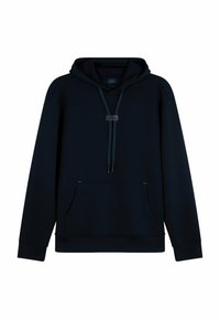 Felpa con cappuccio blu navy realizzata in tessuto morbido e testurizzato. Presenta una tasca frontale, lacci regolabili e un'etichetta sul colletto.