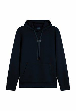 Felpa con cappuccio blu navy realizzata in tessuto morbido e testurizzato. Presenta una tasca frontale, lacci regolabili e un'etichetta sul colletto.