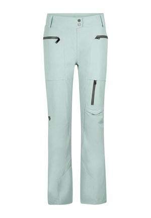 Light mint green ski pants made of waterproof material, featuring two zippered pockets, and a fitted design with reinforced lower legs.
