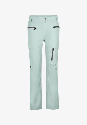 Light mint green ski pants made of waterproof material, featuring two zippered pockets, and a fitted design with reinforced lower legs.