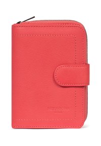Portafoglio in pelle corallo con chiusura con zip, dotato di bottone a pressione, cuciture in evidenza e logo del marchio impresso sulla parte anteriore.