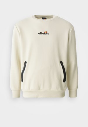 Cream-colored sweatshirt with a round neckline, featuring a logo on the chest, and two black zippered side pockets. Smooth fabric texture.
