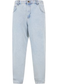 Jeanși din denim de culoare albastru deschis, cu o croială lejeră. Au un stil tradițional cu cinci buzunare, talie cu buton și o ușoară decolorare pentru un aspect vintage.