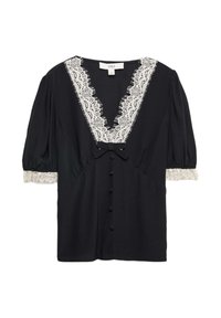 Schwarze Bluse mit V-Ausschnitt und weißer Spitze, ausgestattet mit Puffärmeln und einer dekorativen Schleife. Sechs Knöpfe entlang der Front.