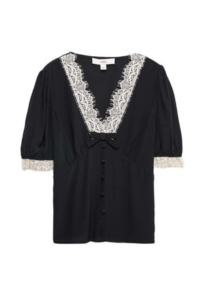 Schwarze Bluse mit V-Ausschnitt und weißer Spitze, ausgestattet mit Puffärmeln und einer dekorativen Schleife. Sechs Knöpfe entlang der Front.