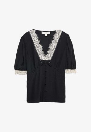 Schwarze Bluse mit V-Ausschnitt und weißer Spitze, ausgestattet mit Puffärmeln und einer dekorativen Schleife. Sechs Knöpfe entlang der Front.