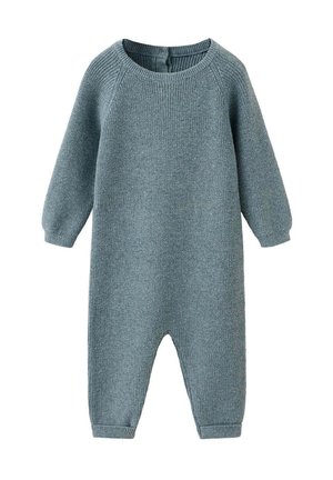 Combinaison tricotée pour bébé à manches longues, bleu doux, avec poignets côtelés et col rond, conçue pour la chaleur et le confort.