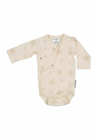 Långärmad babybodysuit i mjuk krämfärgad bomull med lätta blommönster, omslagdesign och tryckknappar framtill och i botten.