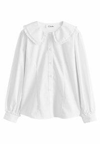 Weiße langärmlige Bluse mit großem Rüschensaumkragen, Knopfleiste und gerafften Manschetten, aus glattem Stoff und mit klassischem Schnitt.
