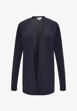 Marineblauwe cardigan gemaakt van zacht breigaren, met een open voorkant ontwerp, lange mouwen en ribgebreide manchetten en zoom. Geen sluitingen.