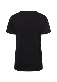 Black cotton t-shirt, short sleeves, round neckline, smooth texture, no patterns or designs, solid color throughout.