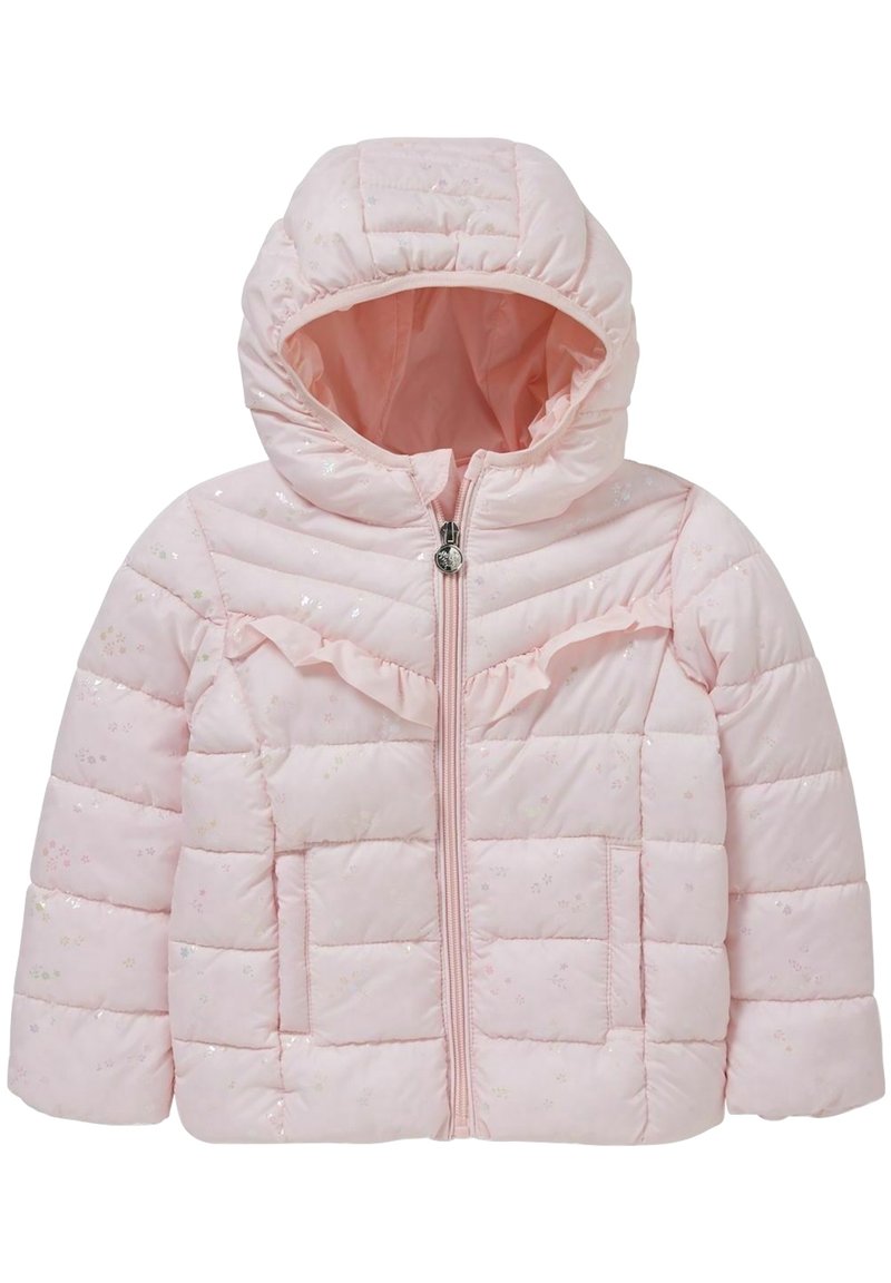 Różowa kurtka ocieplana z kapturem, z falbankowym akcentem, przednim zapięciem na zamek błyskawiczny i dwiema kieszeniami naszytymi; zdobiona błyszczącymi kwiatowymi detalami.