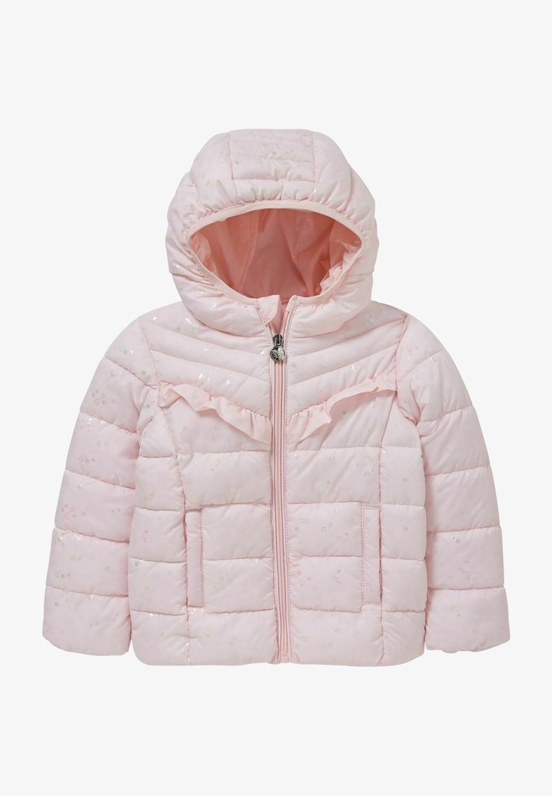 Różowa kurtka ocieplana z kapturem, z falbankowym akcentem, przednim zapięciem na zamek błyskawiczny i dwiema kieszeniami naszytymi; zdobiona błyszczącymi kwiatowymi detalami.