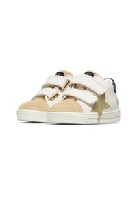 Sneakers con velcro caratterizzati da una combinazione di suede beige e pelle bianca, con un dettaglio a forma di stella glitterata dorata e una suola bianca testurizzata.