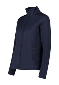 Marinblå zip-jacka med ett texturerat herringbone-mönster, hög krage och sidofickor med dragkedja. Har långa ärmar och rak passform.