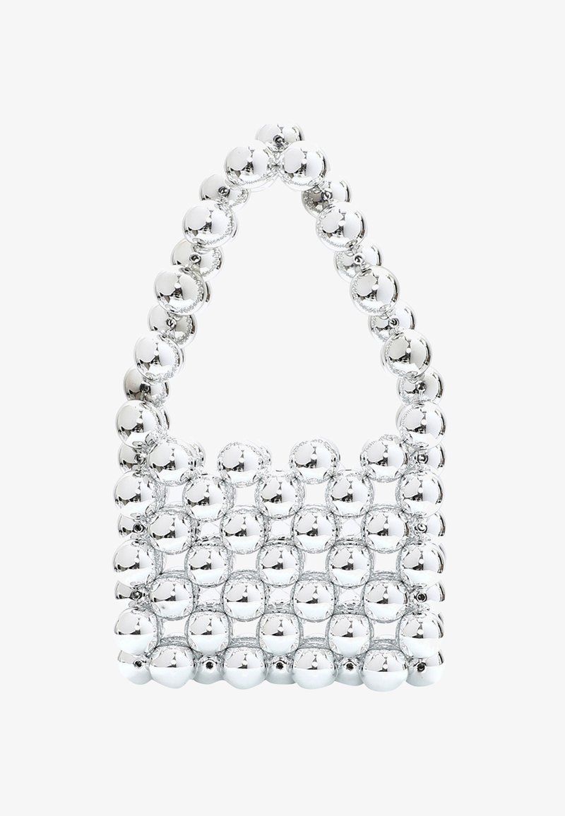 Silver beaded handbag with a rounded top handle and structured design, featuring shiny spherical beads in a grid pattern.