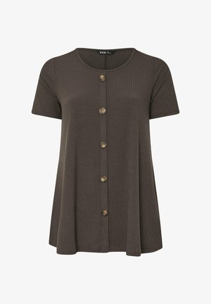 Dunkelbraunes, geripptes Kurzarmshirt mit fünf vorderen Knöpfen und rundem Ausschnitt.
