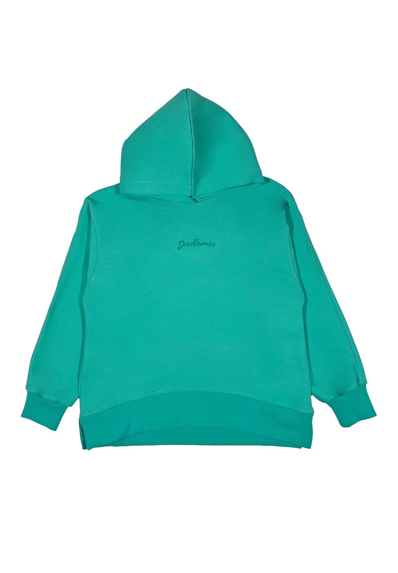 Felpa turchese in misto cotone con tasca a marsupio, polsini e orlo a coste. Presenta un piccolo logo stampato "Disclaimer" sul retro.