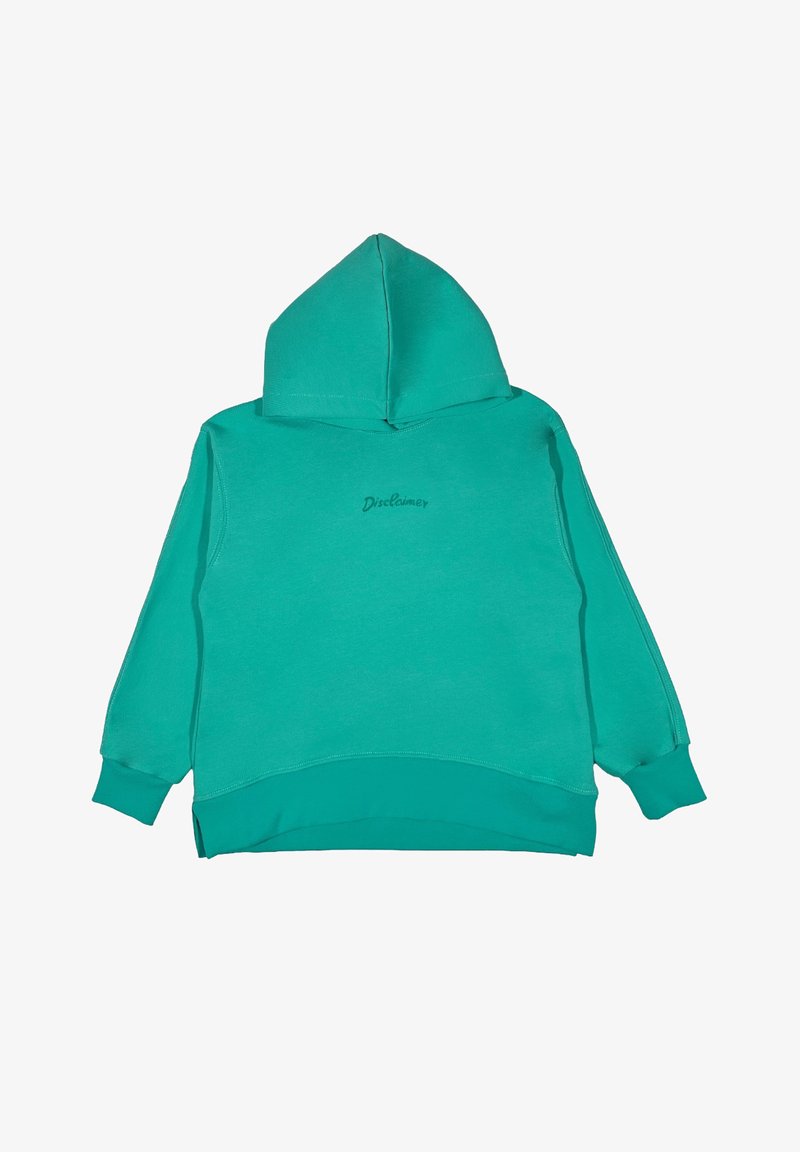 Felpa turchese in misto cotone con tasca a marsupio, polsini e orlo a coste. Presenta un piccolo logo stampato "Disclaimer" sul retro.